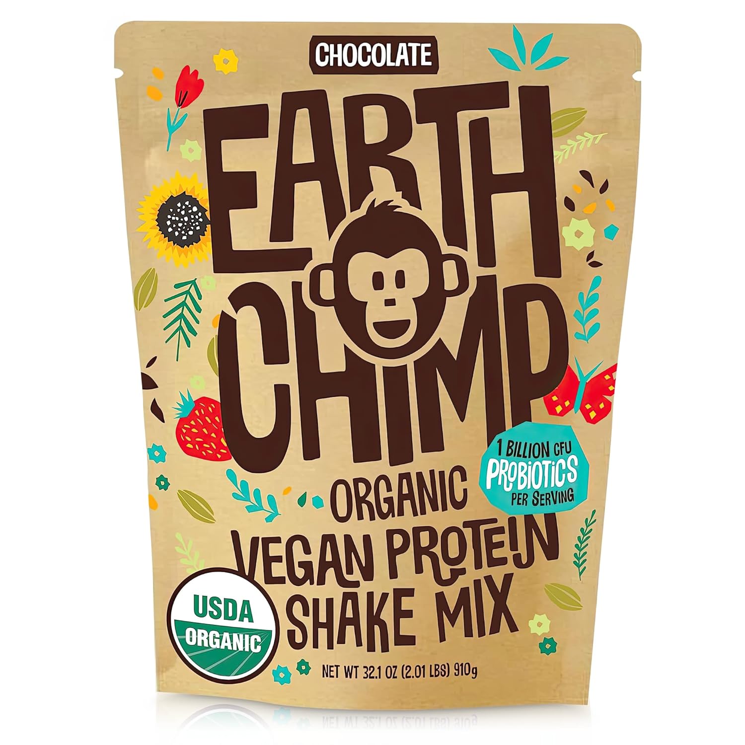 EarthChimp Organic Vegan Protein Powder - with Probiotics - Non GMO, Dairy Free, Non Whey, Plant Based Protein Powder for Women and Men, Gluten Free - 26 Servings 32 Oz (Chocolate)