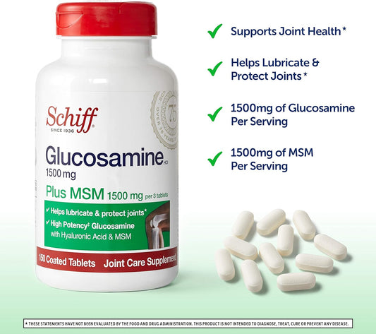 Glucosamine 1500mg (per serving) + MSM, Schiff Tablets (150 count in a bottle), Joint Care Supplement, Helps Support Joint Mobility and Flexibility, Helps Support Healthy Structure of Cartilage