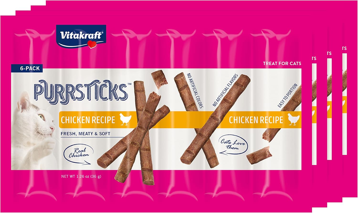 Vitakraft Purrsticks Meaty Cat Sticks - Chicken - Segmented And Breakable Meatstick - Deliciously Tender - Multi Pack Of 4