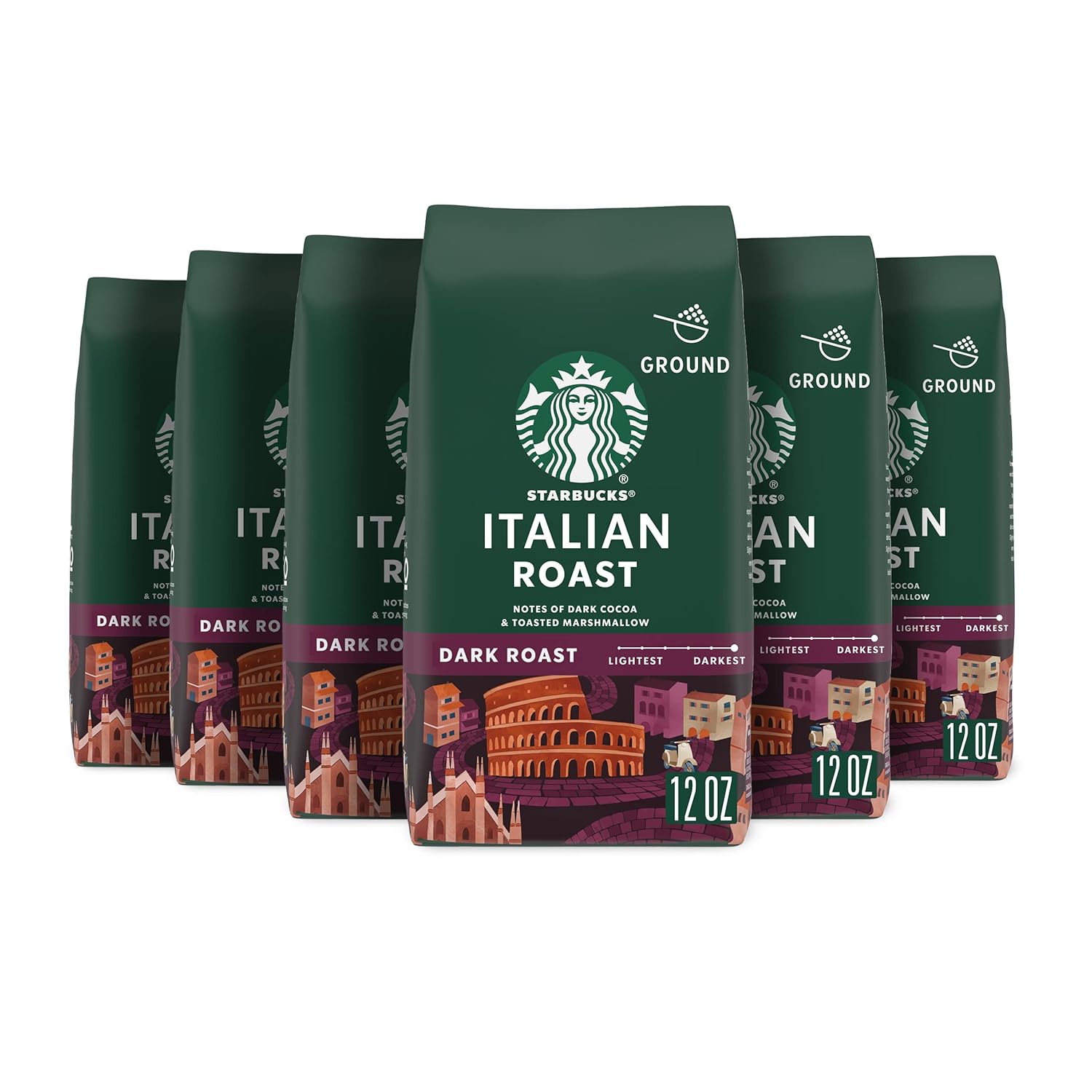 Starbucks Ground Coffee, Dark Roast Coffee, Italian Roast, 100% Arabica, 6 Bags (12 Oz Each)