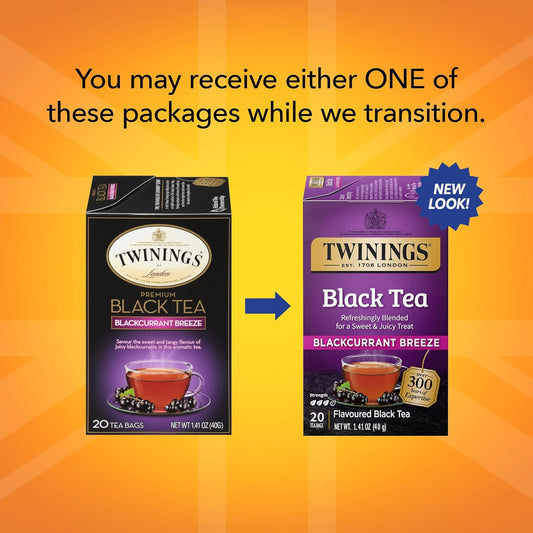 Twinings Blackcurrant Breeze Black Tea, 20 Count (Pack Of 6), Individually Wrapped Tea Bags, Sweet, Tangy Taste, Caffeinated, Enjoy Hot Or Iced