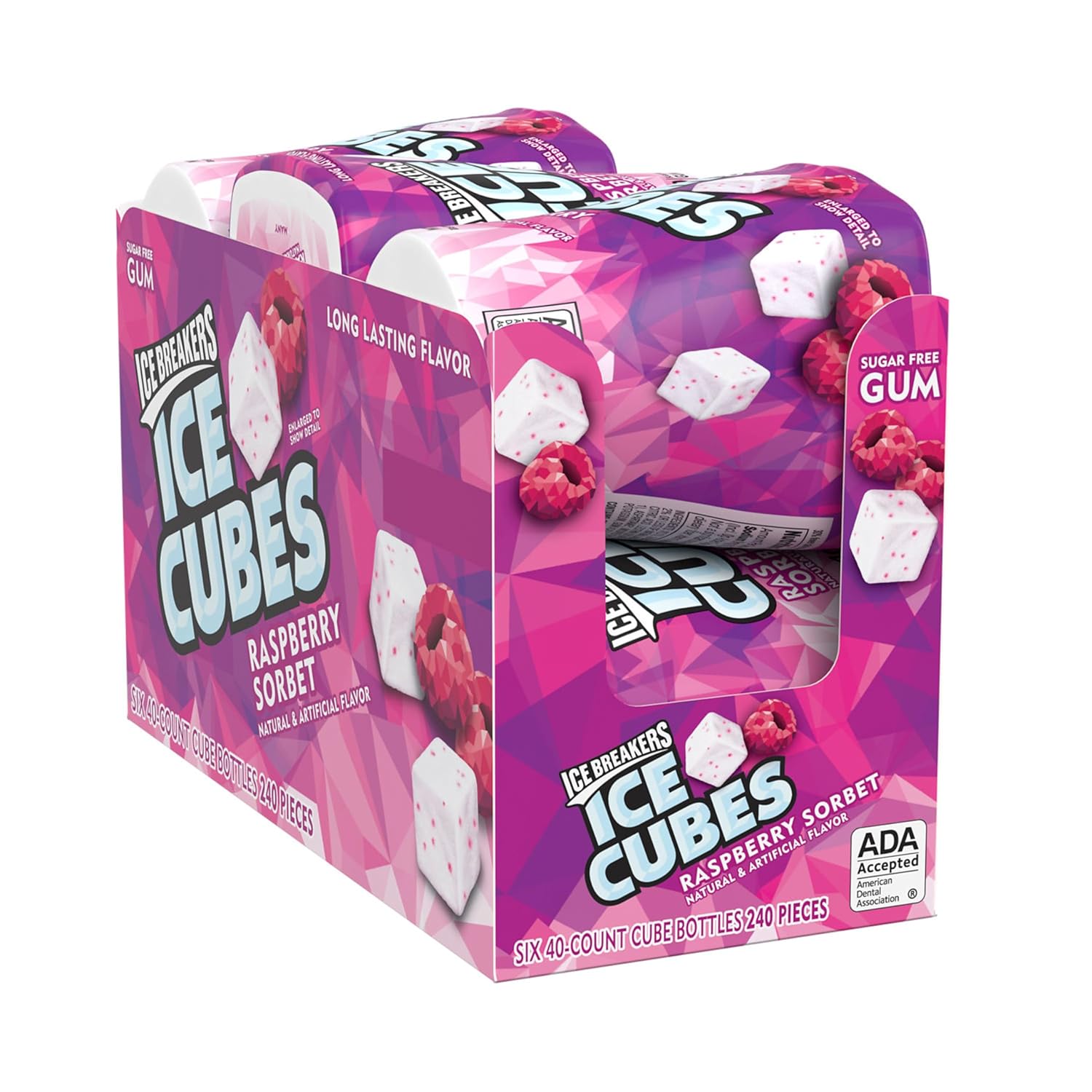 Ice Breakers Ice Cubes Raspberry Sorbet Sugar Free Chewing Gum Bottles, 3.24 Oz (6 Count, 40 Pieces)