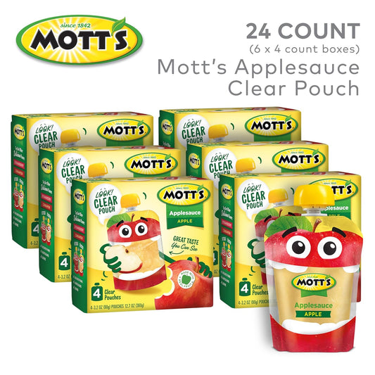 Mott'S Applesauce, 3.2 Oz Clear Pouches, 24 Count (6 Packs Of 4), No Artificial Flavors, Good Source Of Vitamin C, Nutritious Option For The Whole Family