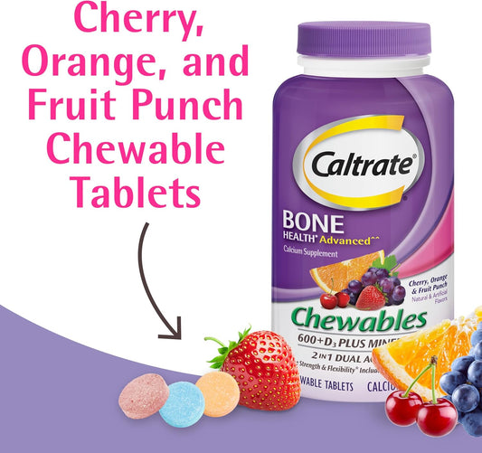 Caltrate Chewables 600 Plus D3 Plus Minerals Calcium Vitamin D Supplement, Cherry, Orange And Fruit Punch - 60 Count