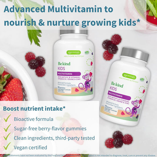 Methylated Kids Multivitamin Gummy, Mthfr Supplement With B-Vitamins & Vitamin D, Clean Label, Sugar Free, Age 4+, 90 Berry Flavor Vegan Gummies, By Igennus