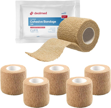 Dealmed Non-Adherent Cohesive Bandage Wrap – 2" X 5 Yards, 6 Rolls Non-Woven Breathable Self Adherent Wraps For First Aid Kits, Athletics, Swelling, Sprains, Animal Wraps, Tan