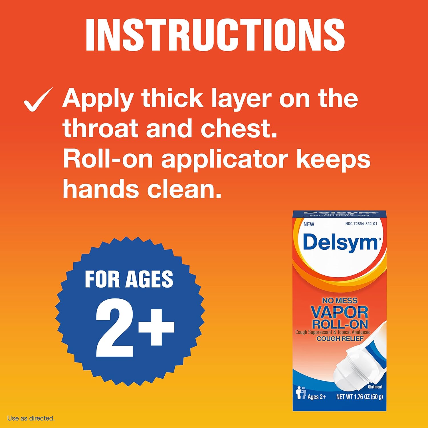 Delsym No Mess Vapor Roll-On Cough Suppressant & Topical Analgesic 1.76 Oz With Camphor, Eucalyptus Oil, Menthol, Adults & Kids, Maximum Strength : Health & Household