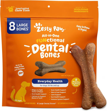 Zesty Paws Dental Bones - Fights Tartar & Plaque - Gum, Teeth & Bone Health - Cinnamon For Dog Breath - Immune, Joint, Gut, Skin & Coat Support - Omega 3 Epa & Dha And Calcium - Large Dogs - 8 Ct…