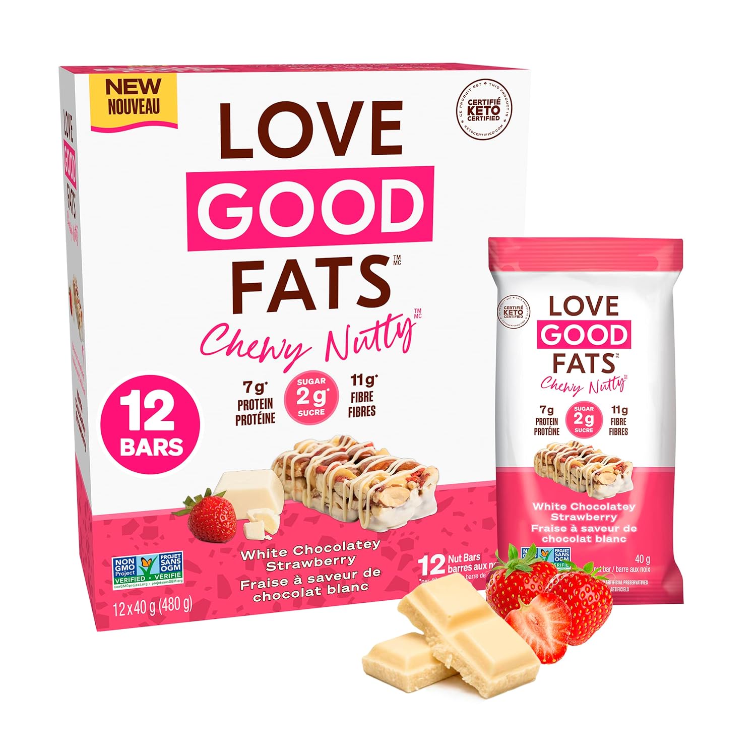 Love Good Fats Chewy Nutty White Chocolatey Strawberry Keto Bars - Low Carb Protein Snacks - 12 pack (1.59oz / 45g each bar)