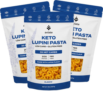 Aviate Keto Pasta Elbows - Low Carb (3G Net) Lupini Noodles, High Protein (20G), Gluten-Free, Made With Lupin Flour, Plant Based Vegan, Keto-Friendly, Low Carb - Macaroni Elbows (8Oz) (Pack Of 3)