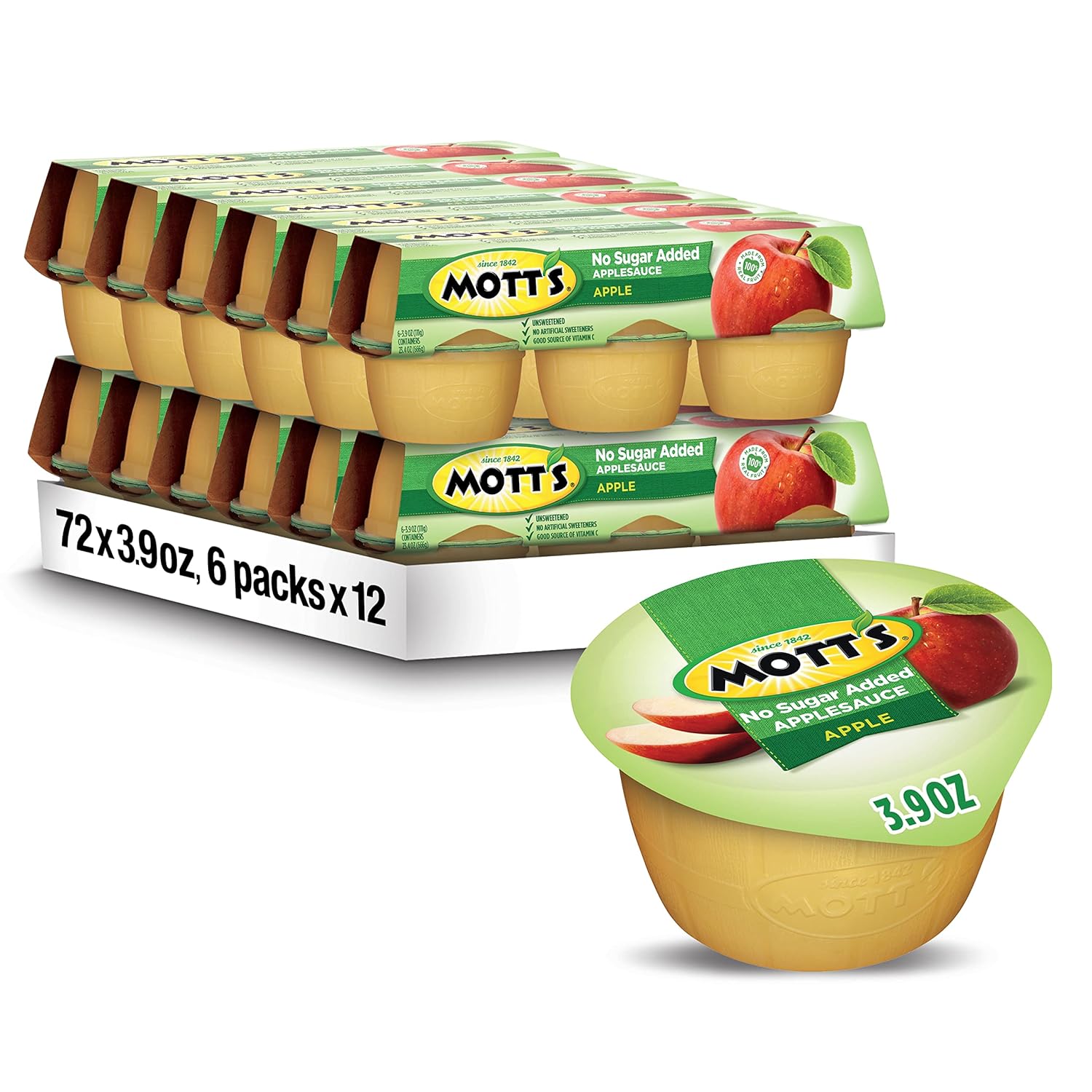 Mott'S No Sugar Added Applesauce, 3.9 Oz Cups, 72 Count (12 Packs Of 6), Good Source Of Vitamin C, No Artificial Flavors