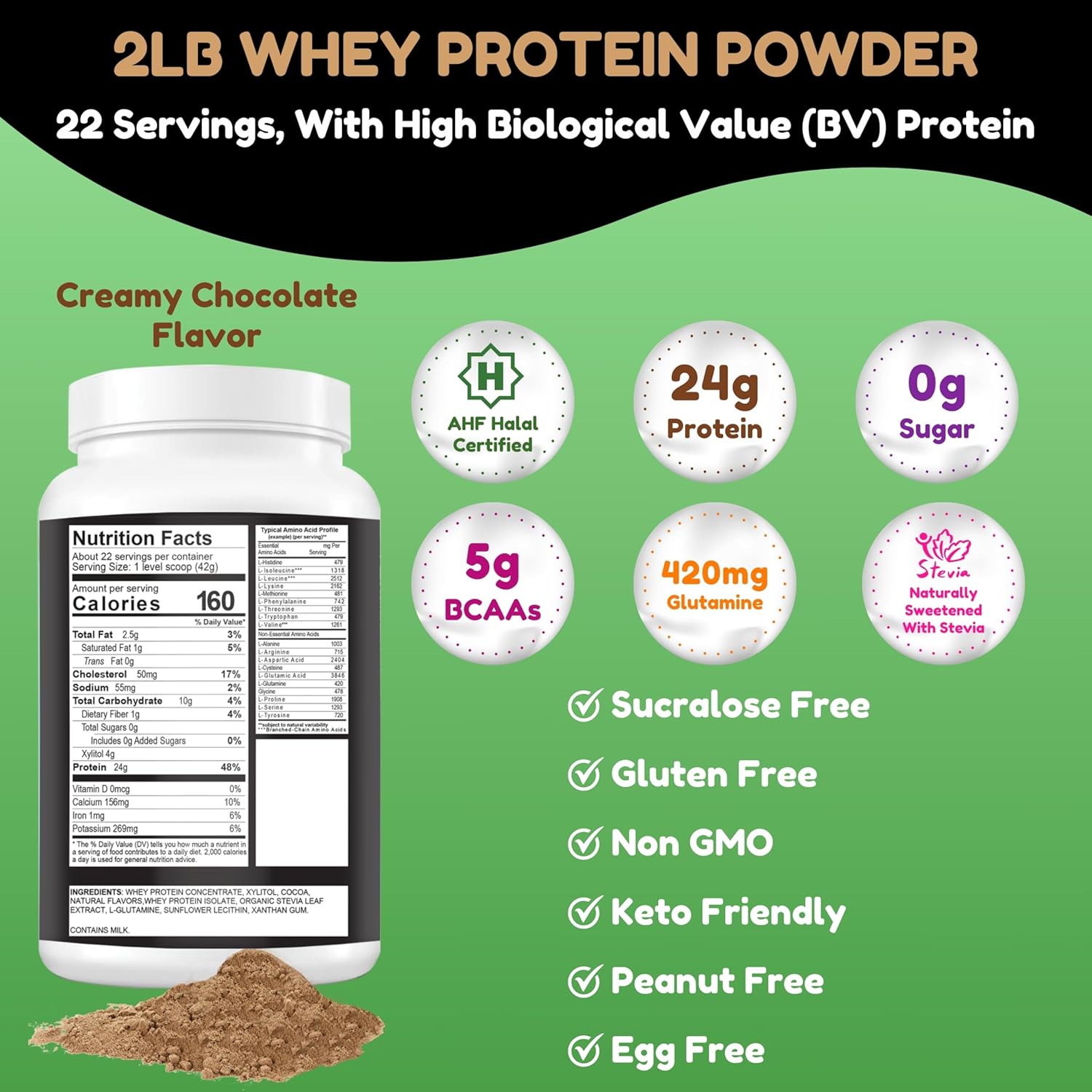 2 Lbs Halal Whey Protein Powder Creamy Chocolate. 24G Protein, 5G Bcaas & 420Mg Glutamine. For Building Lean Muscles & Recovery. Sugar-Free, Keto-Friendly, Gluten-Free, Non-Gmo