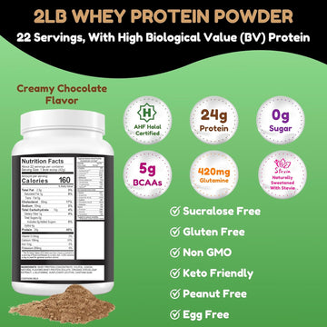 2 Lbs Halal Whey Protein Powder Creamy Chocolate. 24G Protein, 5G Bcaas & 420Mg Glutamine. For Building Lean Muscles & Recovery. Sugar-Free, Keto-Friendly, Gluten-Free, Non-Gmo