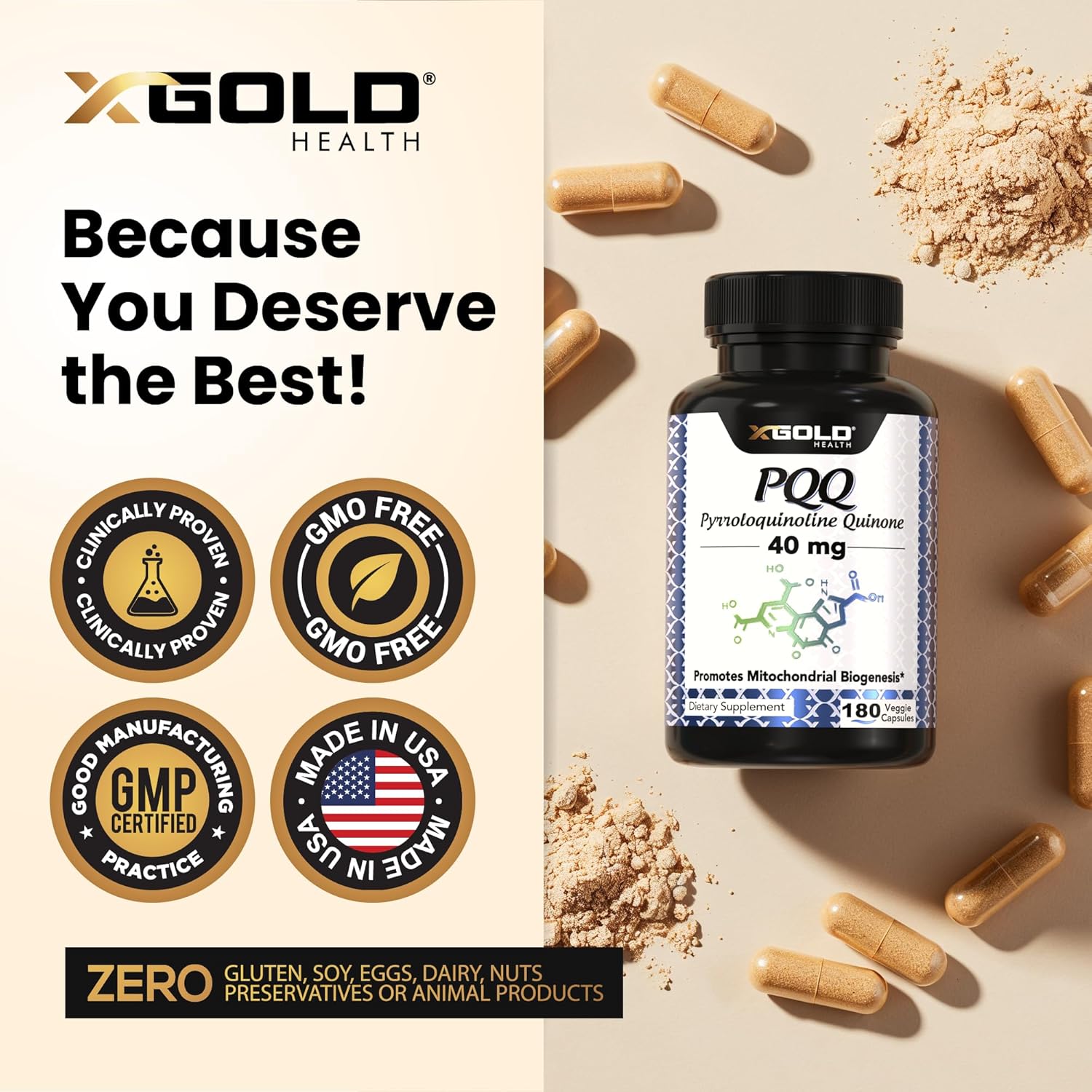 X Gold Health Pqq Supplement 40Mg - 180 Veggie Capsules | Pyrroloquinoline Quinone Supplement | 99,7%+ Highly Purified And Bioavailable | Mitochondrial Energy Optimizer | Made In Usa, Non-Gmo : Health & Household