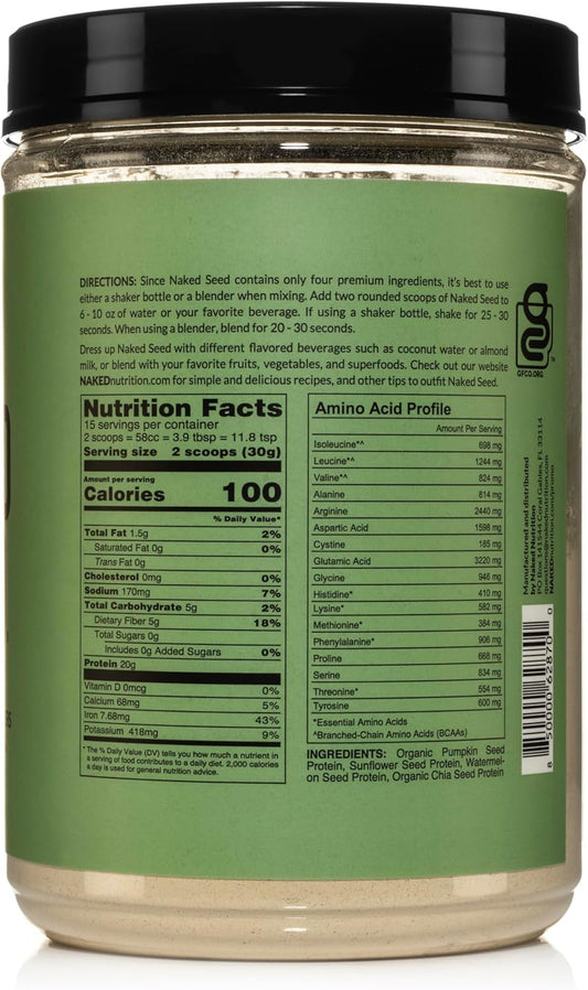 Naked Seed - 4 Seed Protein Powder, Only 4 Ingredients - Chia, Watermelon, Sunflower And Pumpkin Seed - Gluten-Free, Soy Free, Vegan, No Gmos, No Artificial Sweeteners - 15 Servings