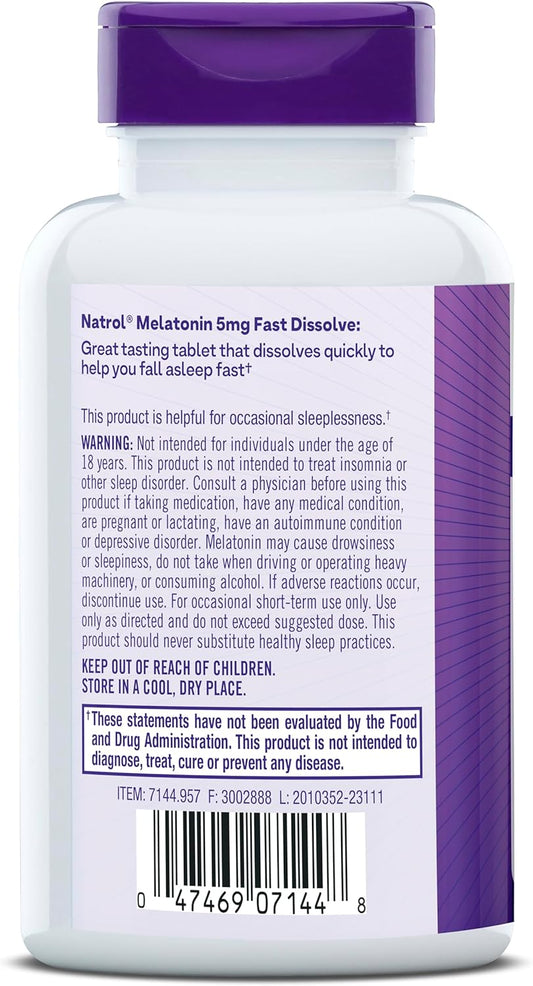 Natrol Sleep Melatonin 5mg Fast Dissolve Tablets, Nighttime Sleep Aid for Adults, 150 Strawberry-Flavored Melatonin Tablets, 150 Day Supply