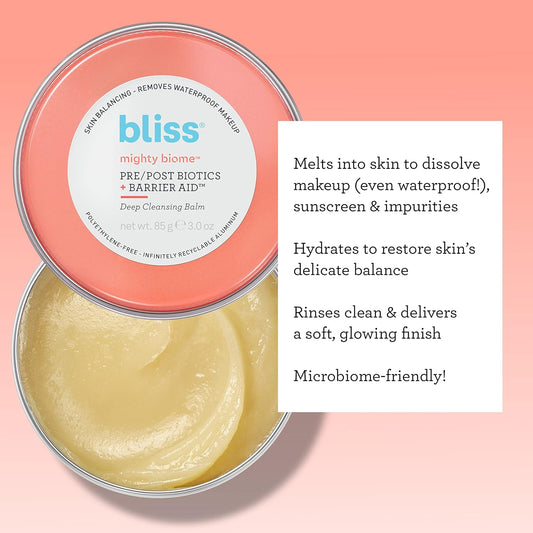 Bliss Mighty Biome Deep Cleansing Balm - 3.0 Oz - Dissovlves Waterproof Makeup & Impurities - Pre/Post Biotics + Barrier Aid - Antioxidants Balance Skin Barrier - Clean - Vegan