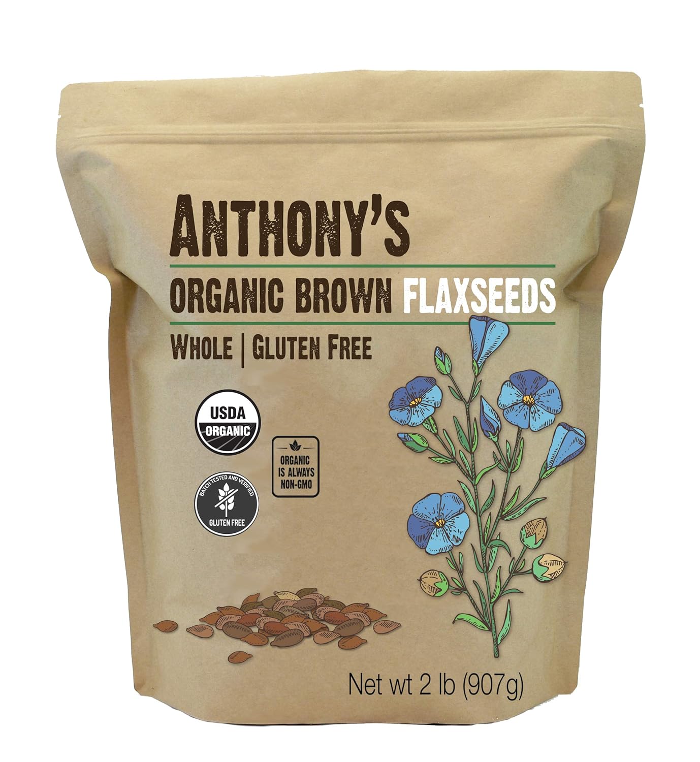 Anthony'S Organic Brown Whole Flaxseed, 2 Lb, Batch Tested And Gluten Free, Raw, Non Gmo, Sproutable, Keto Friendly