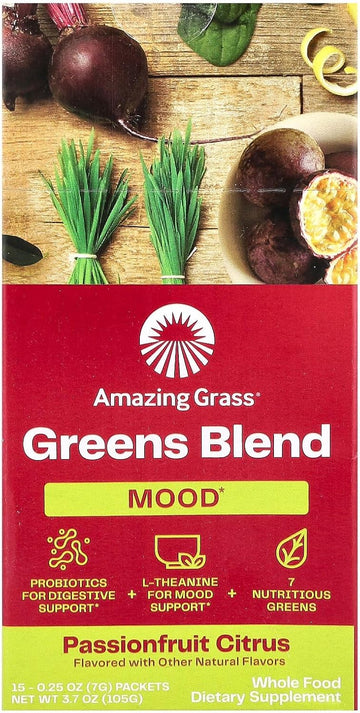 Amazing Grass Greens Blend Mood: Super Greens Powder Smoothie Mix For Mood, Relaxation & Stress Support With Organic Spirulina, Chlorella, Beet Root Powder, Digestive Enzymes & Probiotics, 15 Servings