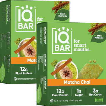 Iqbar Brain And Body Plant Protein Bars - Matcha Chai - 24 Count, Low Carb, High Fiber, Gluten Free, Healthy Vegan Snacks - Low Sugar Keto Bar Pack