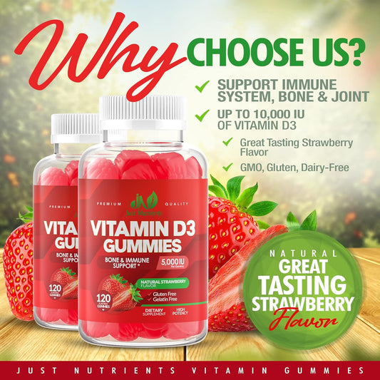 Vitamin D3 5000Iu / 10,000Iu Gummies For Adults & Kids (120 Count) - Immune System, Bone & Joint Support - Gluten-Free, Non-Gmo, 100% Vegetarian, Great Tasting Strawberry Flavor - 4 Month Supply