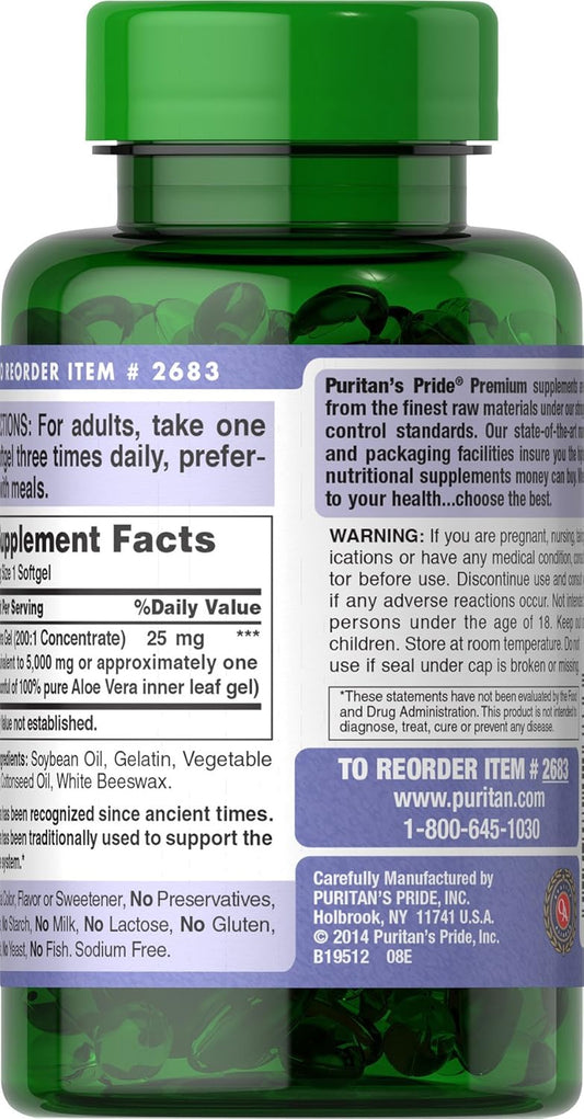 Puritan'S Pride Aloe Vera Extract 25Mg (5000Mg Equivalent) Softgels, 200 Count (Packaging May Vary)