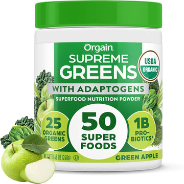 Orgain Supreme Greens Powder with 25 Organic Greens, 50 Superfoods, 1 Billion Probiotics, and Adaptogens, Vegan Greens for Gut Health and Immune Support, 1.5 Servings of Fruit and Veggies, Green Apple