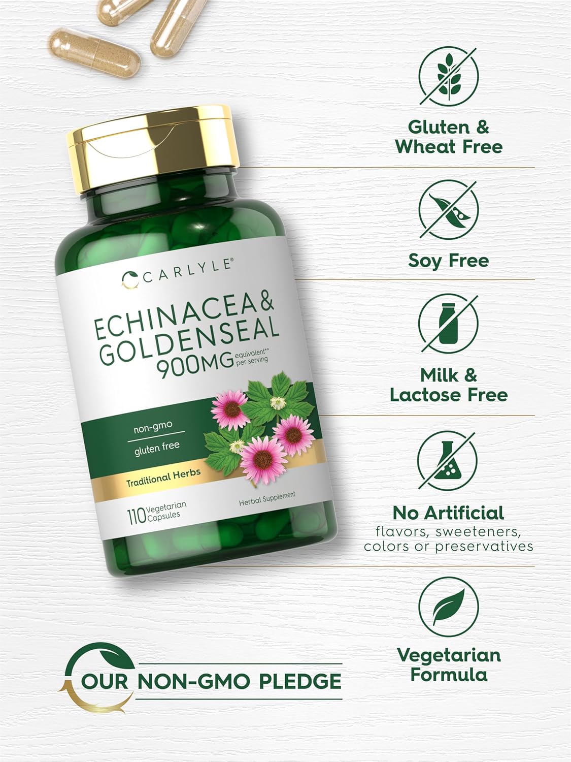 Carlyle Echinacea Goldenseal Capsules 900mg | 110 Count | Vegetarian, Non-GMO, Gluten Free : Health & Household