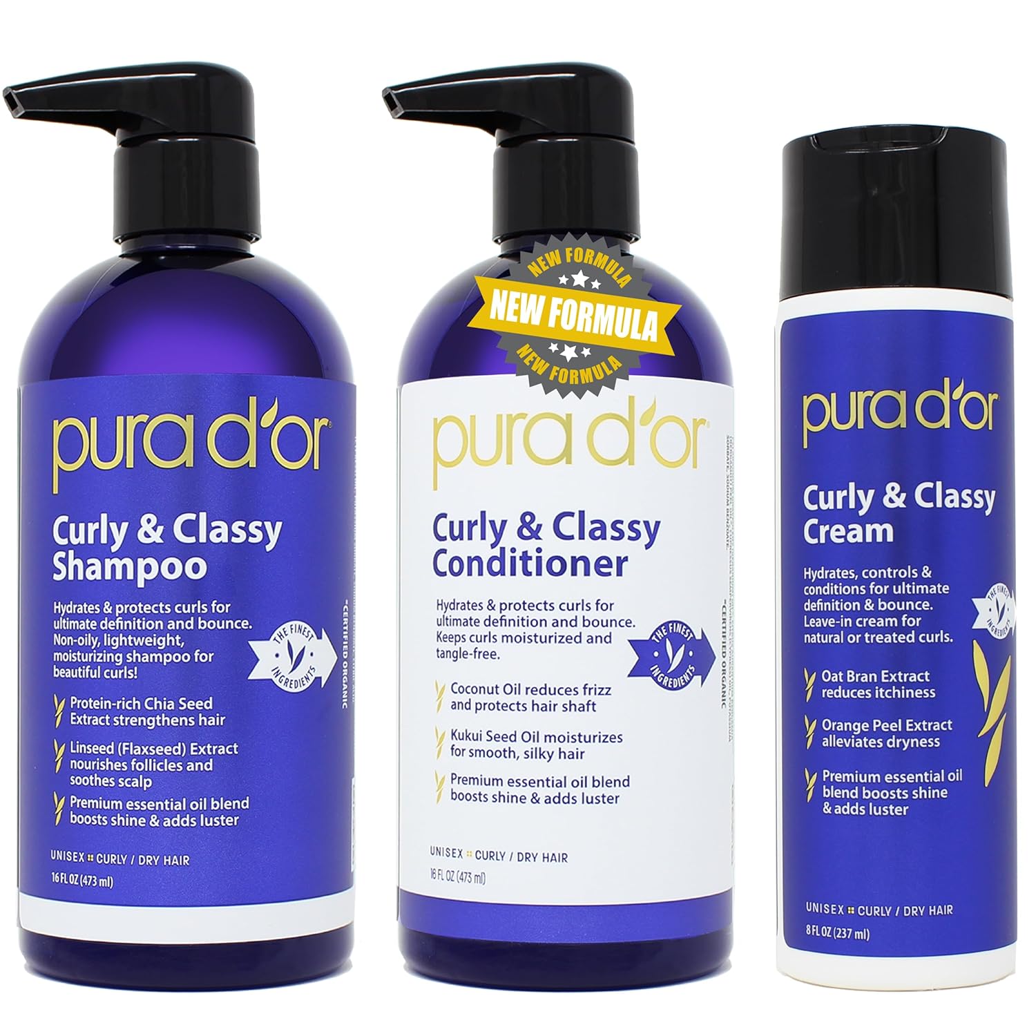 Pura D'Or Curly & Classy 3-Piece Complete Set (Shampoo, Conditioner, Cream) For Luscious & Defined Curls, Nourishing Formula With Argan Oil, Castor Oil, Geranium Oil, Coconut Oil & Kukui Seed Oil