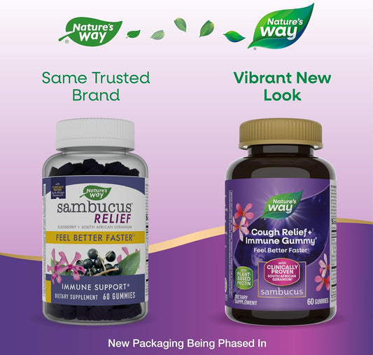 Nature'S Way Sambucus Cough Relief+, Immune Gummy, Feel Better Faster, Clinically Proven South African Geranium Root Extract, With Elderberry Extract, Vitamin C & Zinc, 60 Gummies(Packaging May Vary)