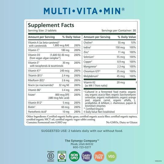 Pure Synergy Multiúvitaúmin | Vegan Multivitamin Made With Organic Whole Foods | Twice Daily Supplement For Men And Women | Core Nutrients For Energy, Mood, Immune, And Bone Health (60 Tablets)
