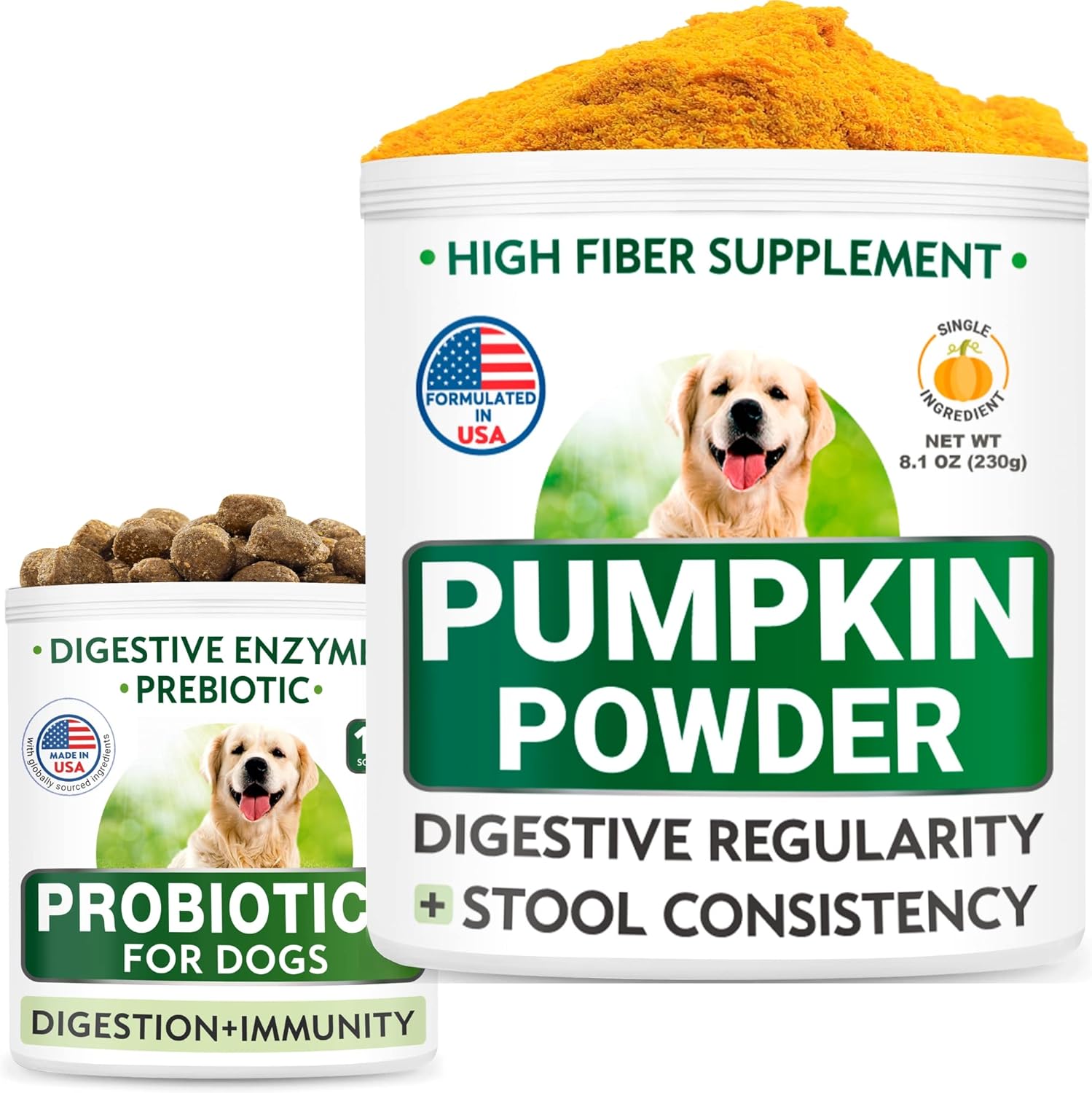 Pumpkin For Dogs + Dog Probiotics Chews Bundle - Constipation, Upset Stomach + Gas, Allergy - Pure Pumpkin Powder + Digestive Enzymes, Prebiotics - Improve Digestion - 8.1Oz + 120 Chews - Made In Usa