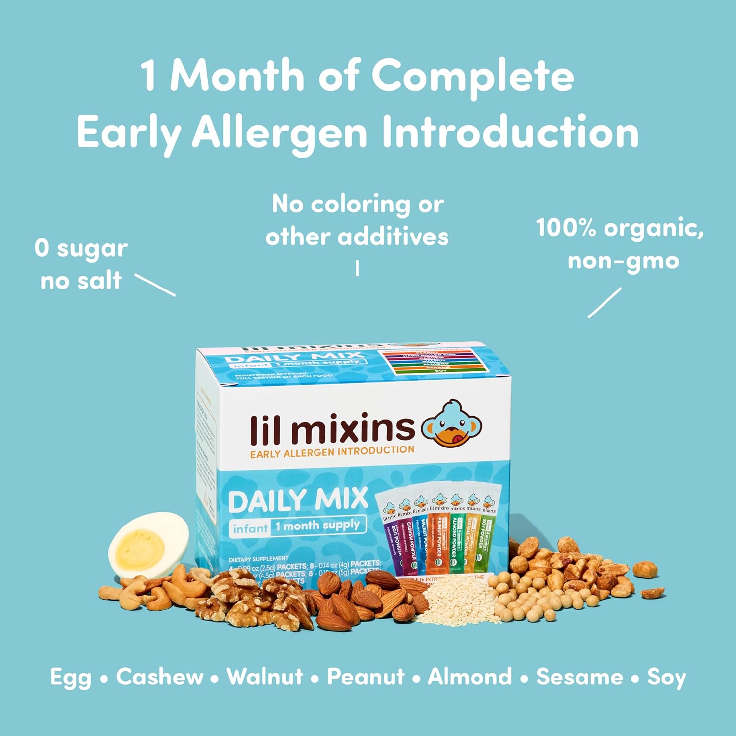 Lil Mixins Early Allergen Introduction Mix-Ins, Daily Mix | Peanut, Egg, Cashew, Walnut, Almond, Soy, Sesame Mix-Ins For Ages 4-12 Mo. Old, 1 Month Supply