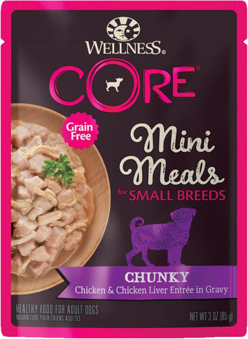 Wellness Core Natural Grain Free Small Breed Mini Meals Wet Dog Food, Chunky Chicken & Chicken Liver Entrée In Gravy, 3-Ounce Pouch (Pack Of 12)