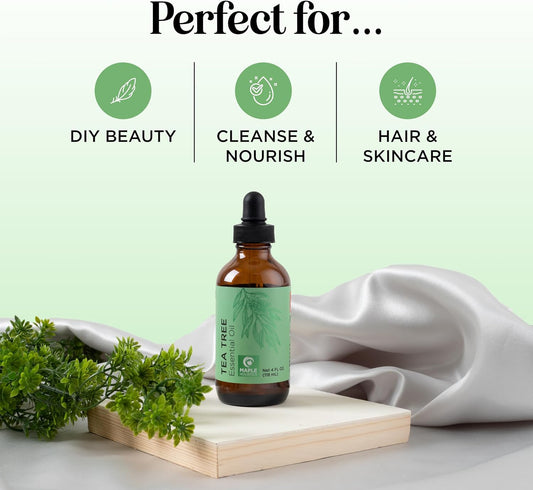 Pure Tea Tree Oil 4Oz - Australian Tea Tree Essential Oil For Hair Nails And Skin- Aromatherapy Tea Tree Oil For Skin Dry Scalp Cleanser Nail Cleaner Plus Purifying Humidifier And Diffuser Oil