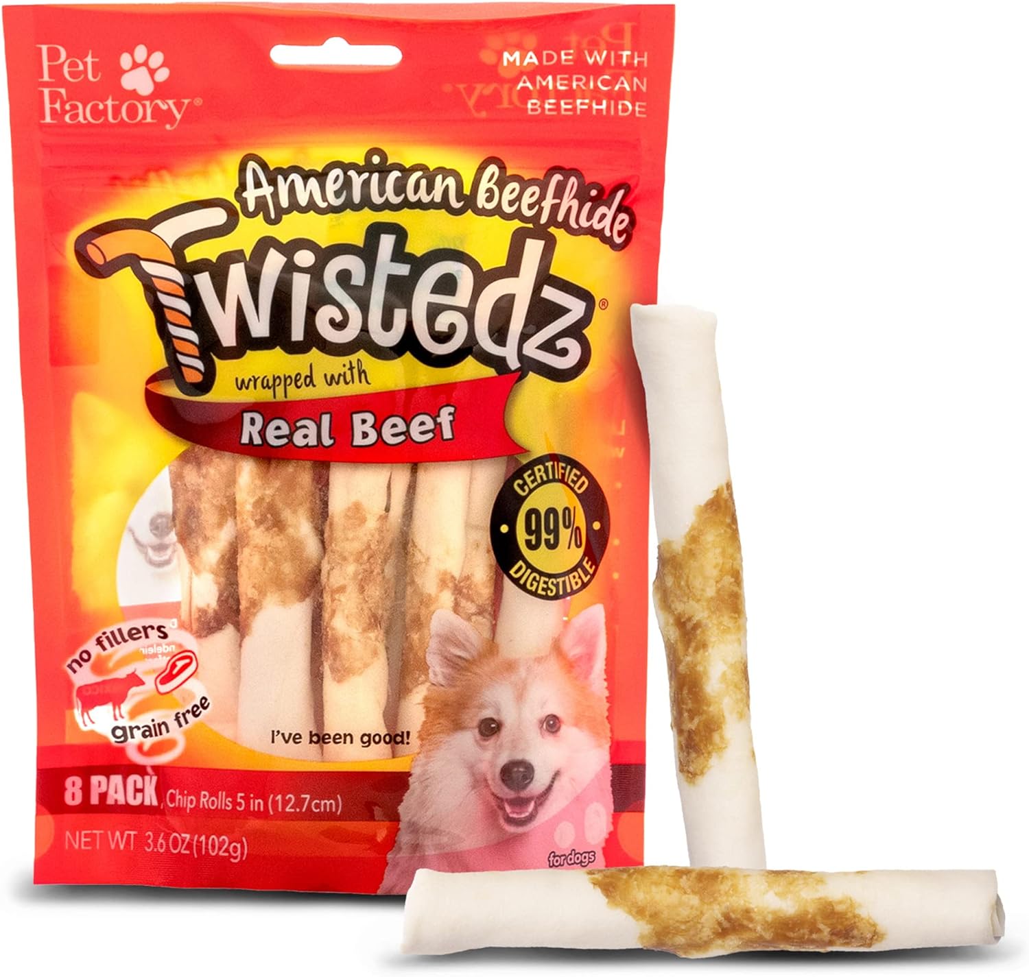 Pet Factory Twistedz American Beefhide 5" Chip Rolls Dog Chew Treats W/ Real Beef Meat Wrap - 8 Count/1 Pack