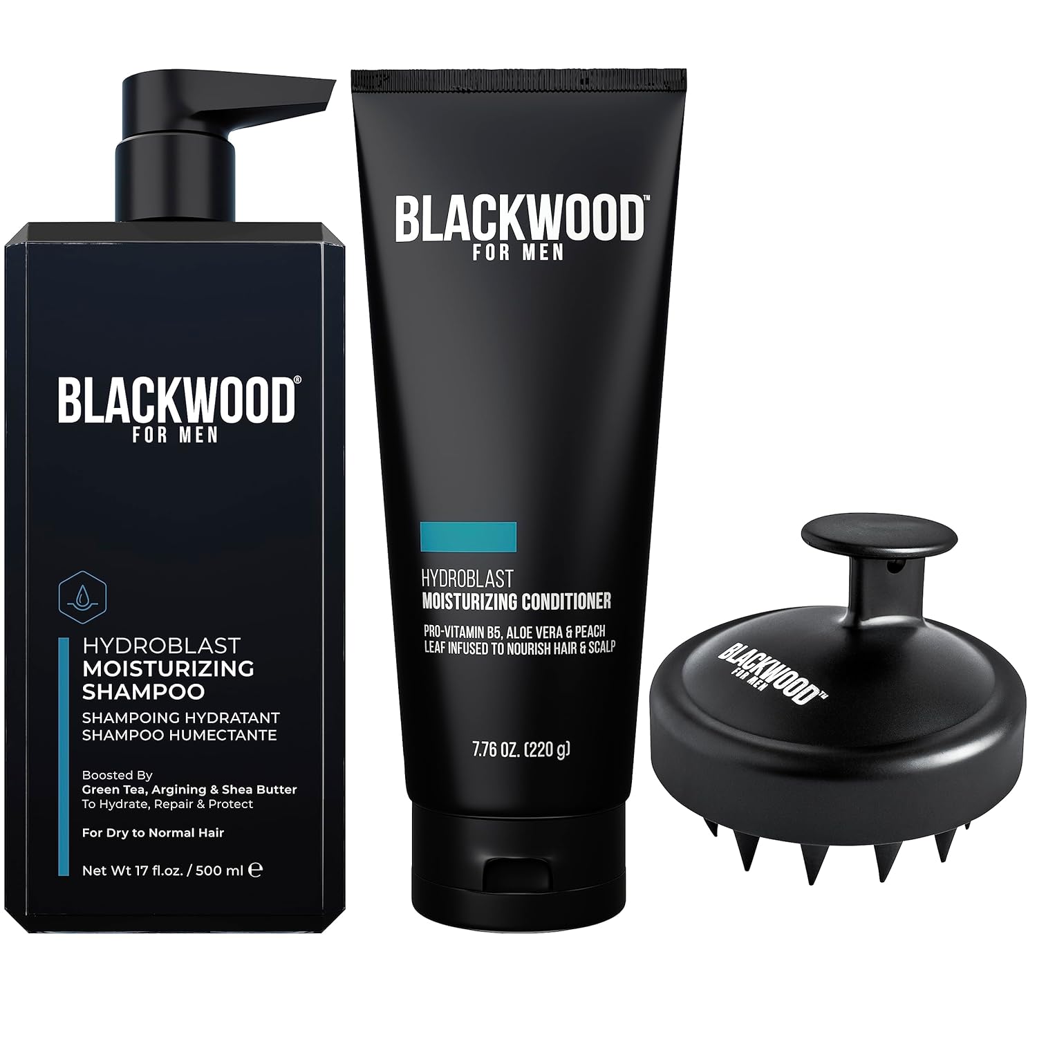 Blackwood For Men Hair Care Bundle: Hydroblast Moisturizing Shampoo (17 Oz), Hydroblast Moisturizing Conditioner (4.59 Oz), And Scalp Massager