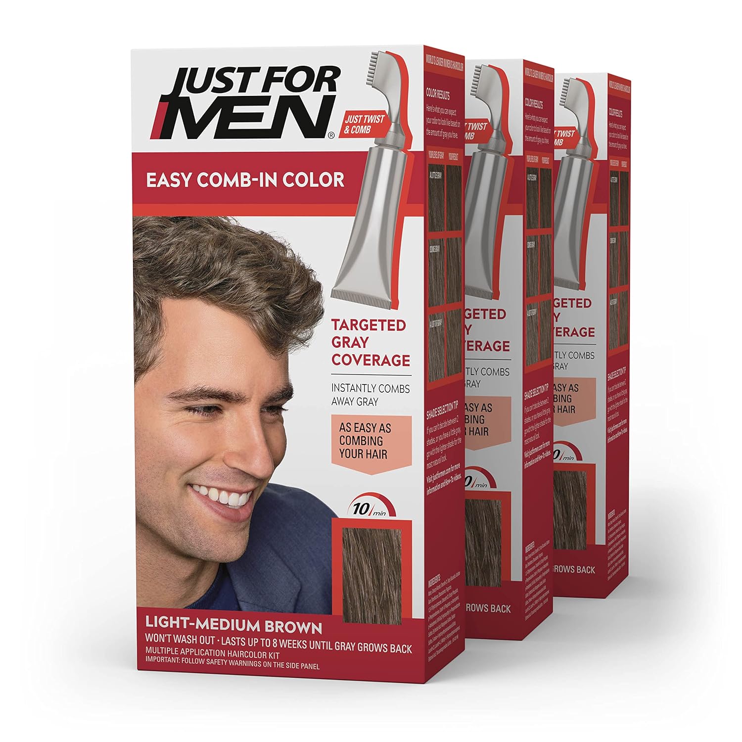 Just For Men Easy Comb-In Color Mens Hair Dye, Easy No Mix Application with Comb Applicator - Light-Medium Brown, A-30, Pack of 3