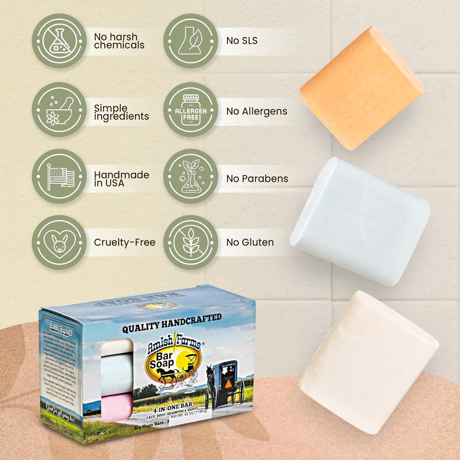 Amish Farms Bar Soap W/All Natural Bentonite Clay (6 Bars) Made In Usa, Vegan Moisturizing For Sensitive Skin | Women & Mens Face & Body Bar Bath Soap For Shower | Clean Scent | 5 Ounce Each : Beauty & Personal Care
