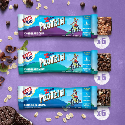 Clif Kid Zbar Protein - Variety Pack - Crispy Whole Grain Snack Bars - Made With Organic Oats - Non-Gmo - 5G Protein - 1.27 Oz. (18 Count)