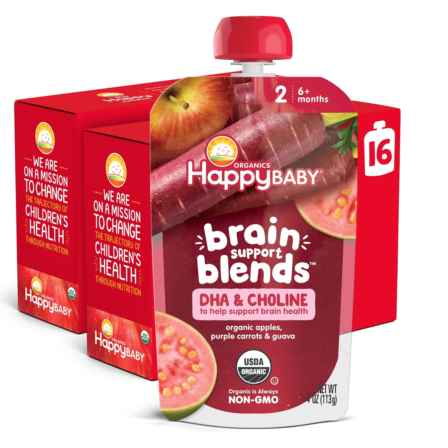 Happy Baby Organics Brain Support Blends Apples, Purple Carrots & Guava With Dha And Choline 4Oz Pouch (Pack Of 16)