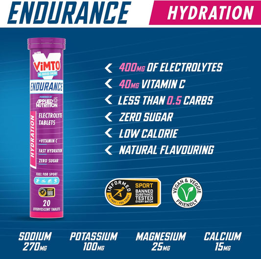 Applied Nutrition Endurance Hydration Electrolyte Tablets - 400Mg Electrolytes Per Serving – 120 Effervescent Tablets, Sugar Free, Low Calorie, Added Vitamin C Boost Performance – Vimto