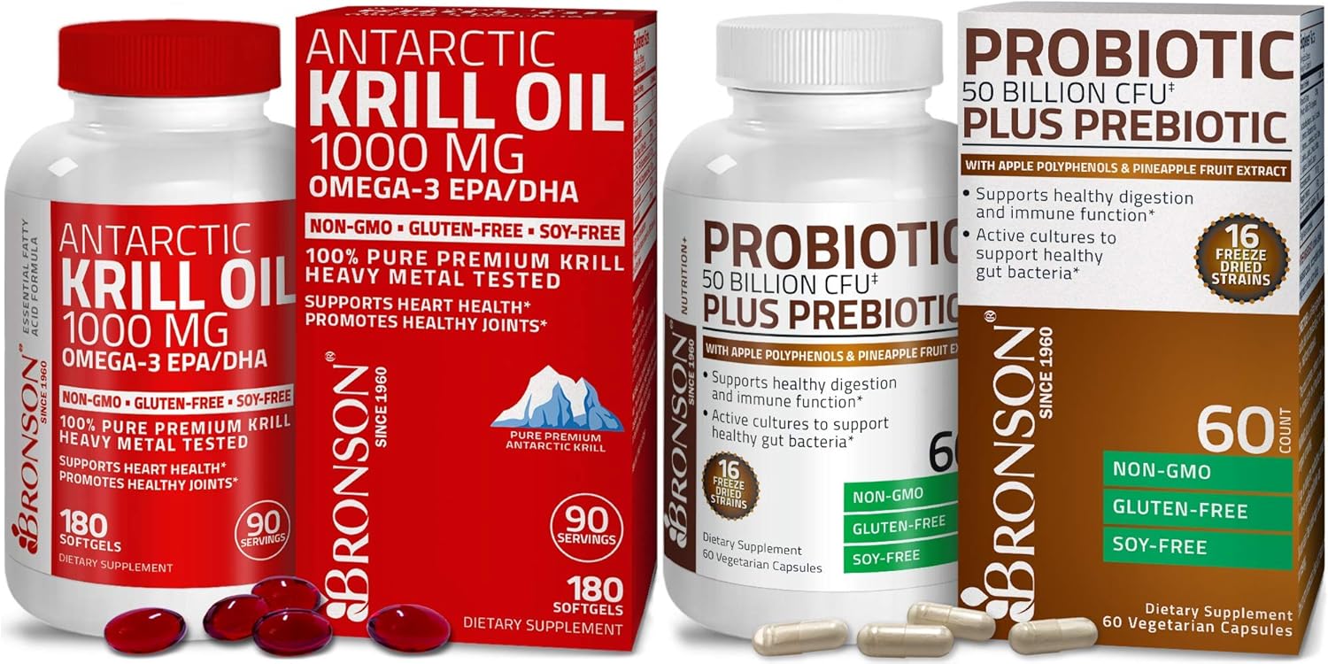 Bronson Probiotic 50 Billion Cfu + Prebiotic With Apple Polyphenols & Pineapple Fruit Extrac Antarctic Krill Oil 1000 Mg With Omega-3S Epa Dha