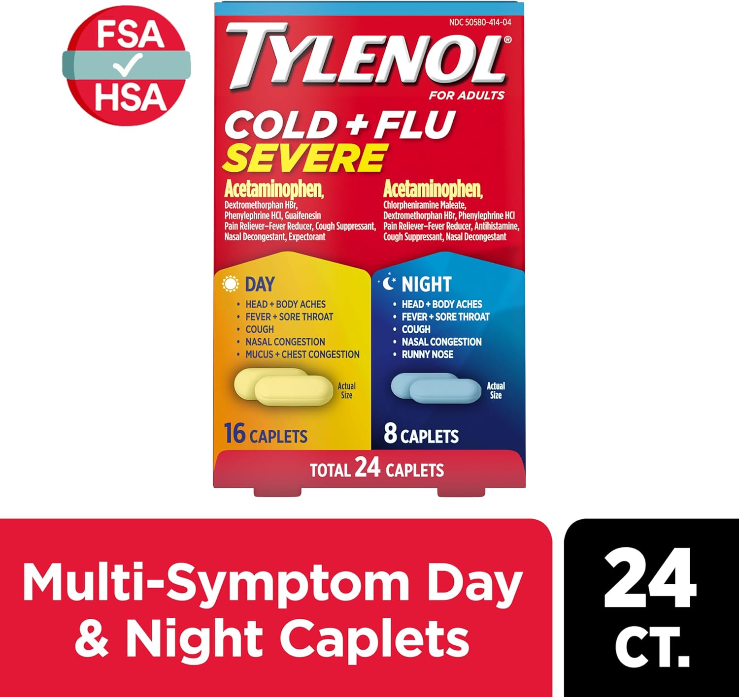 Tylenol Cold + Flu Severe Day & Night Caplets For Fever, Pain, Cough & Congestion Relief, 24 Count : Health & Household
