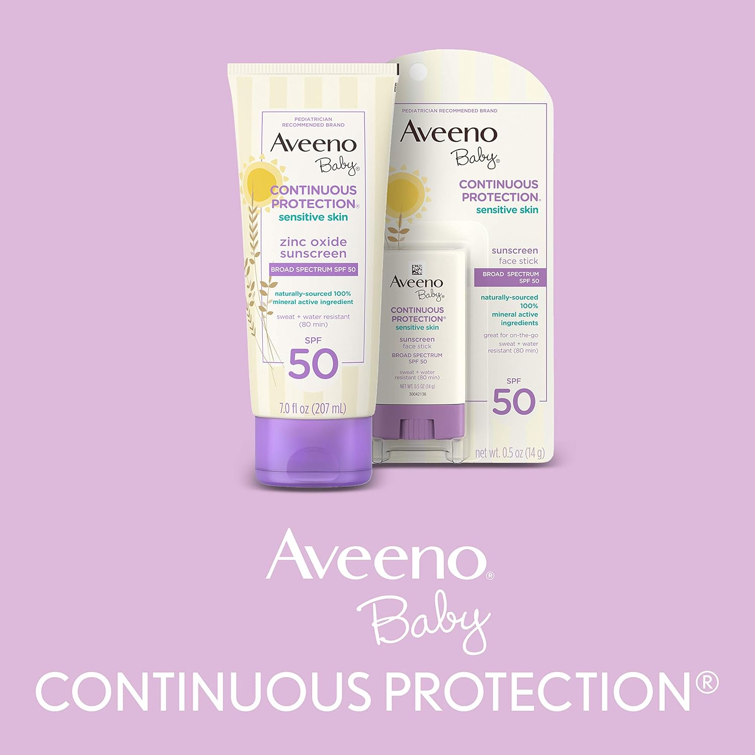 Aveeno Baby Continuous Protection Zinc Oxide Mineral Sunscreen Lotion for Sensitive Skin, Broad Spectrum SPF 50, Paraben- & Tear-Free, Sweat- & Water-Resistant, Travel-Size, 2 x 3 fl. oz : Baby