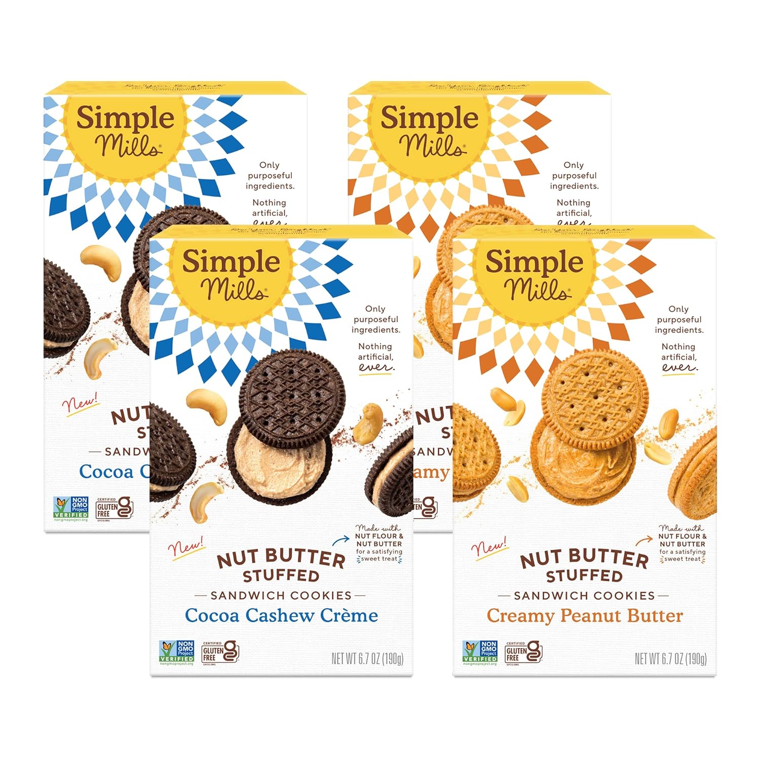 Simple Mills Sandwich Cookies Variety Pack (Creamy Peanut Butter & Cocoa Cashew Crème) Gluten Free, Vegan, Healthy Snacks, 6.7 oz (Pack of 4)