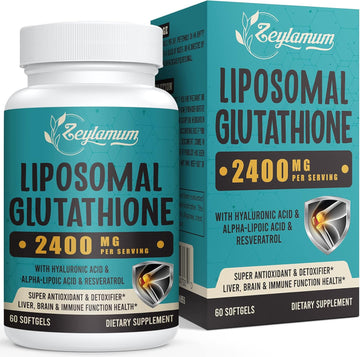 2400 Mg Liposomal Glutathione Softgels, Max Absorption, Active Form L-Glutathione Reduced (Gsh), With Hyaluronic Acid, Resveratrol, Master Antioxidants For Detox, Brain, Immune System, 60 Softgels