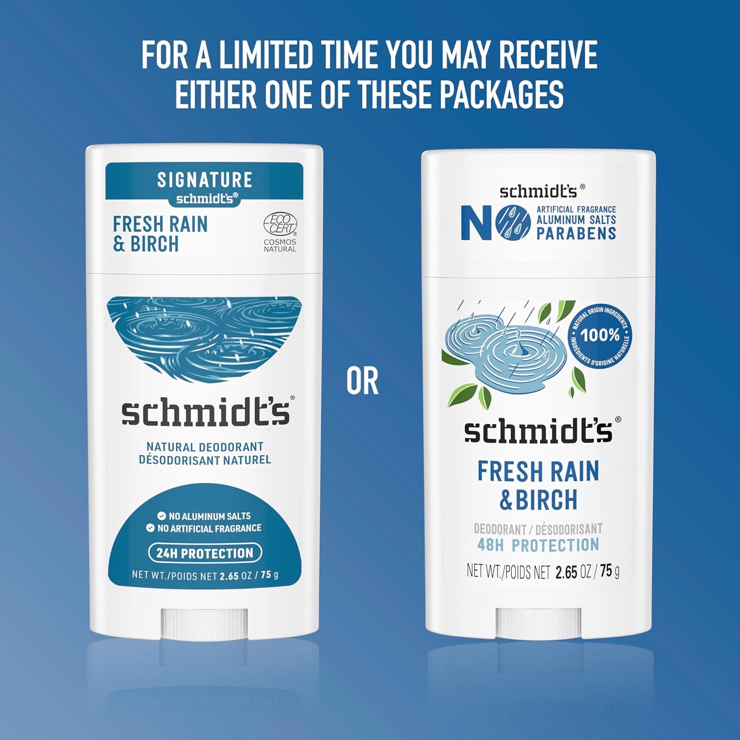 Schmidt's Aluminum-Free Vegan Deodorant Fresh Rain & Birch with 24 Hour Odor Protection, 2 Count for Women and Men, Natural Ingredients, Cruelty-Free, 2.65 oz : Beauty & Personal Care