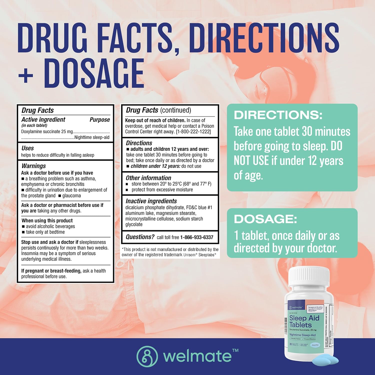 WELMATE | Doxylamine Succinate 25mg | Nighttime Sleep Aid | Safe & Effective | Non-Habit Forming | Sleep Aids for Adults & Children | for Women & Men | Made in USA | 200 Tablets : Health & Household