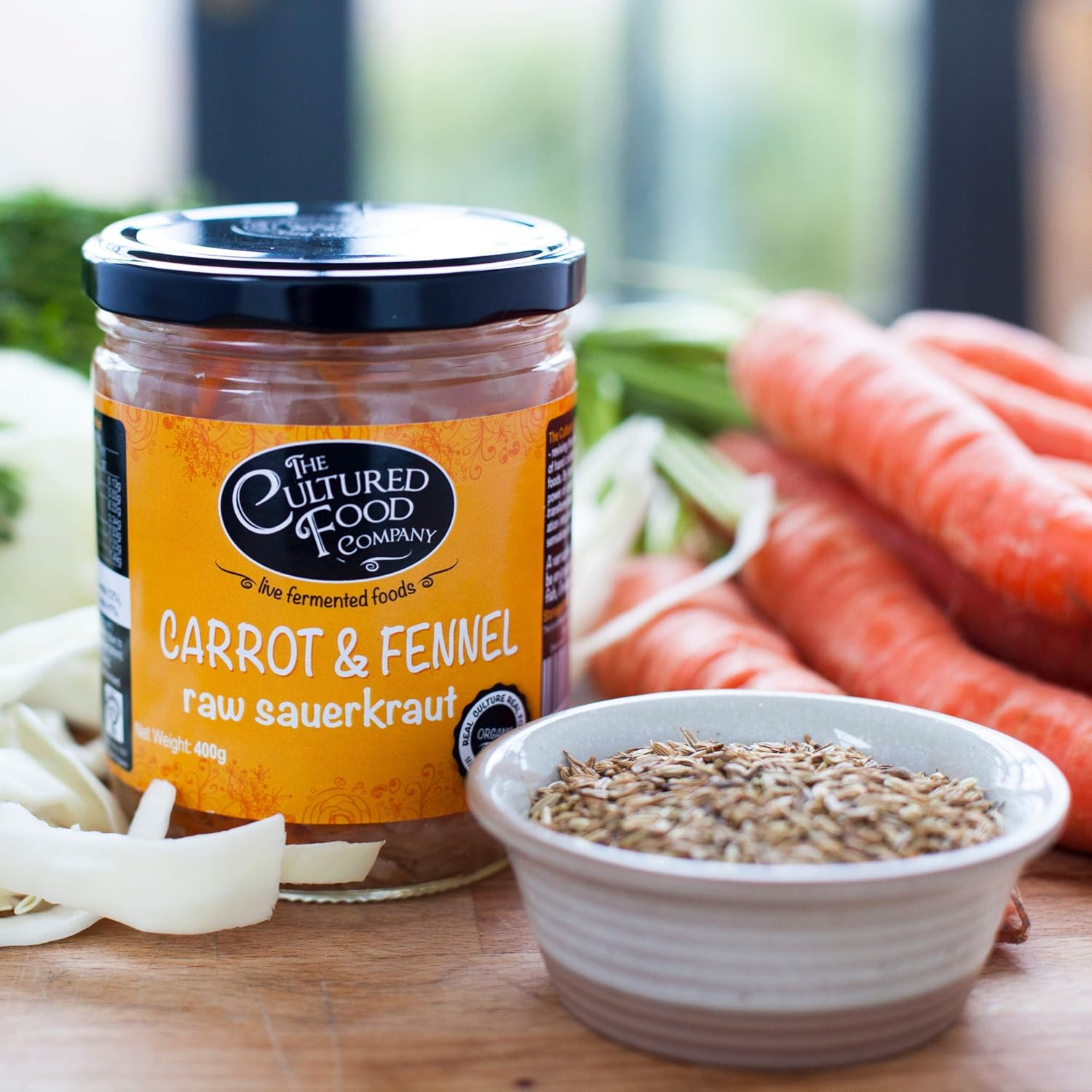 The Cultured Food Company - Organic Carrot & Fennel Sauerkraut 1Kg Jar - 100% Natural Ingredients- Raw & Unpasteurised - Probiotic Rich - Traditionally Fermented Cabbage- Handmade - No Preservatives